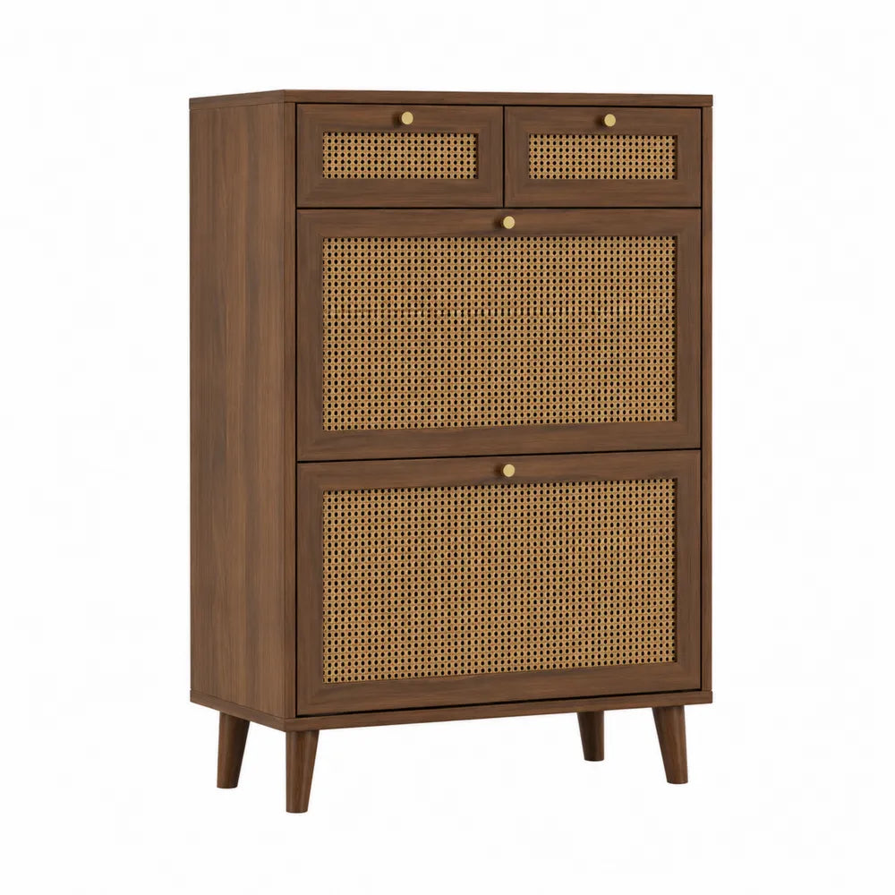 Zapatero de madera y ratán marrón 120x80x30 cm con cajones y puertas