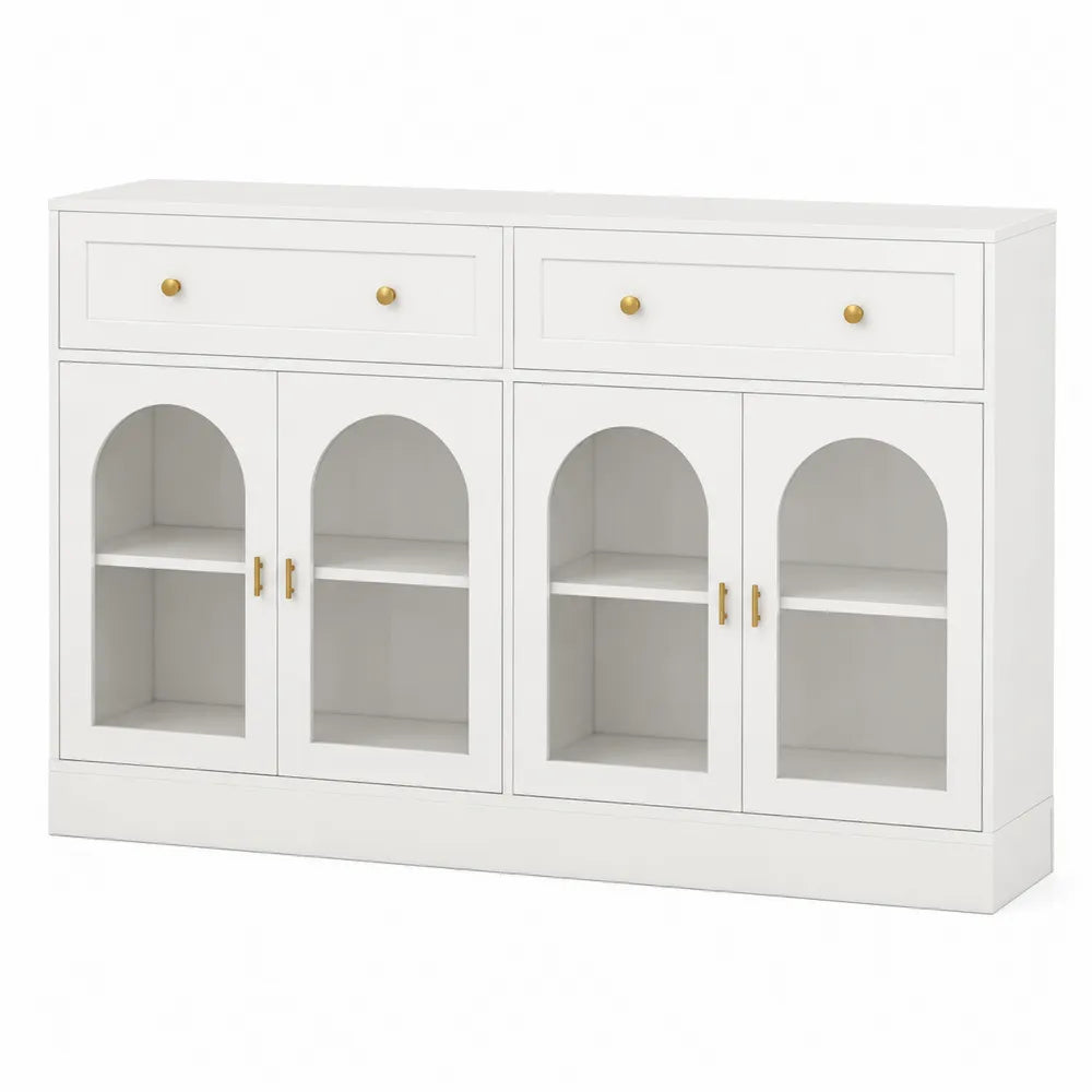 Aparador blanco de madera con puertas de vidrio templado