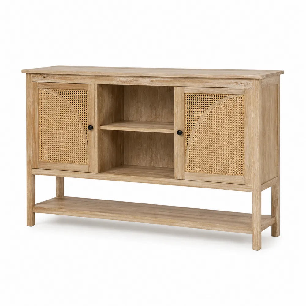 Aparador de Madera de Mango y Ratán con Estante Abierto 120 cm