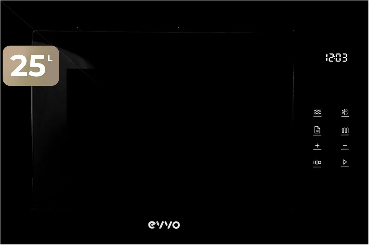 Horno microondas, 1200W, 25L, 60 Min, EVVO Mi45 Glass Bl, con Grill, acero inoxidable, pantalla digital, Panel Táctil, Bloqueo para Niños