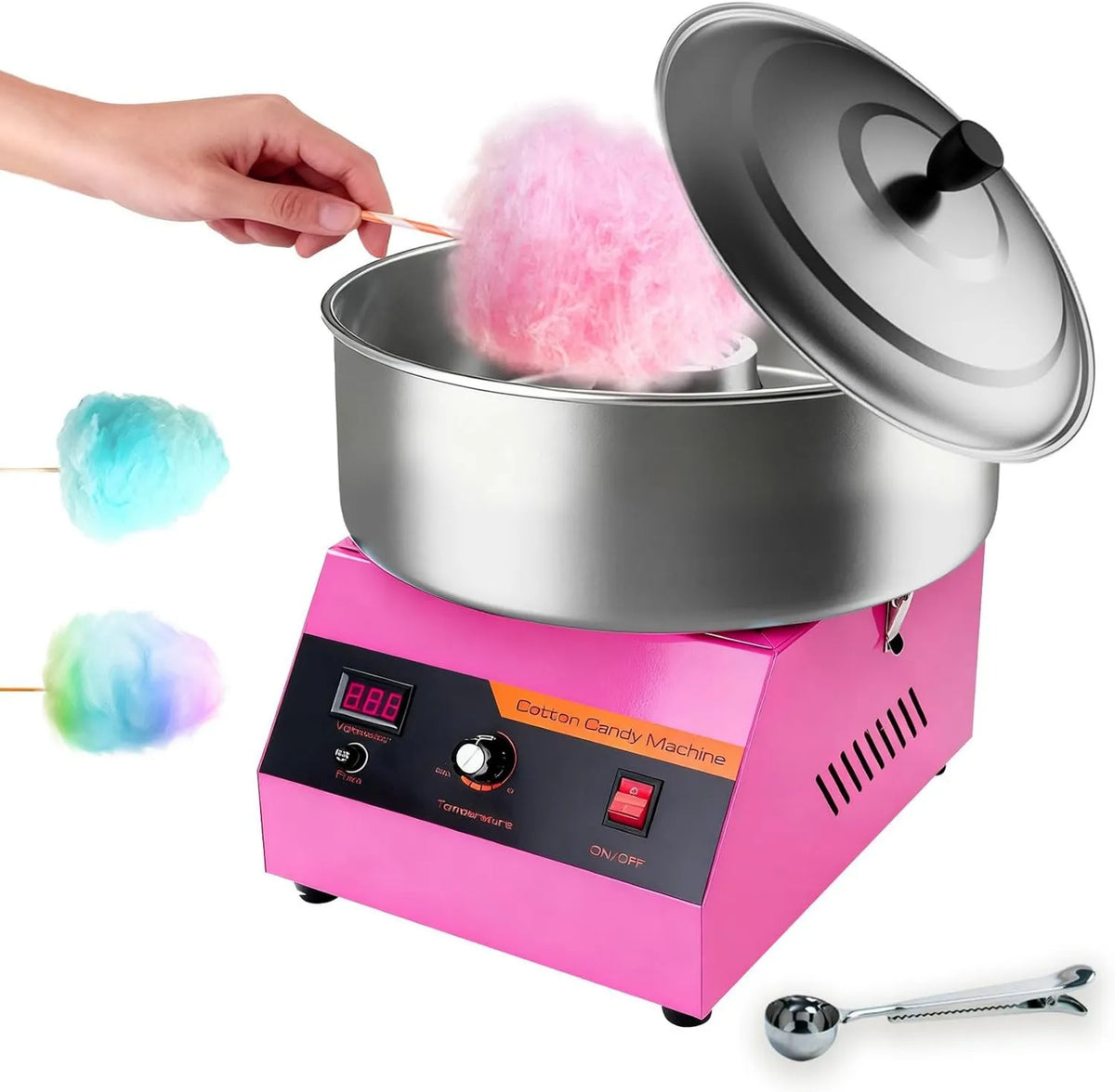 Máquina de algodón de azúcar de 1000 W con cuenco de acero inoxidable y pala de azúcar, máquina eléctrica de algodón de azúcar para niños