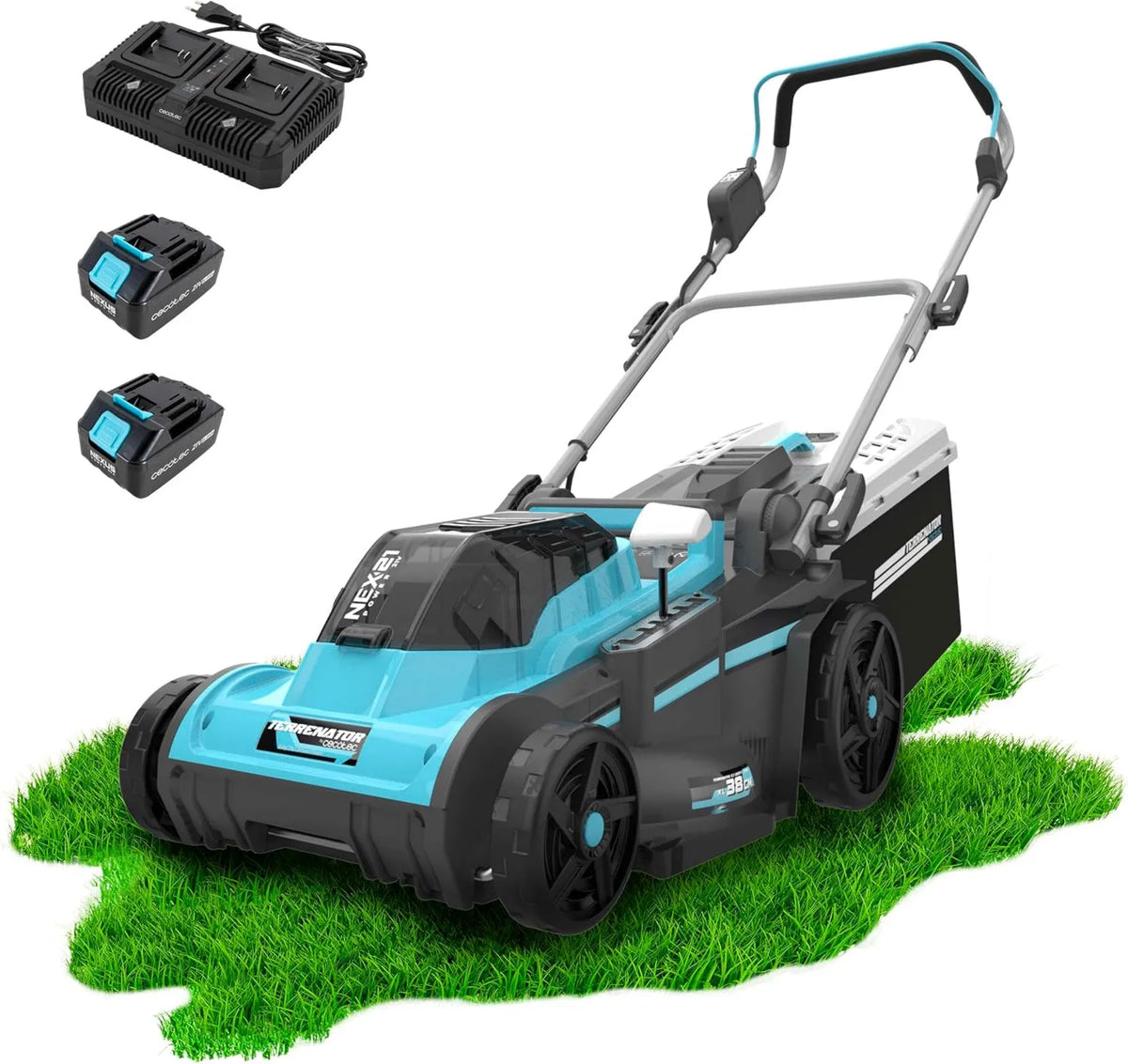 Cecotec cortacésped, diseño inalámbrico, 21V, 40L, 38cm, Funciona 2 Baterías 4Ah, Cambio Altura Sistema Z-Tech