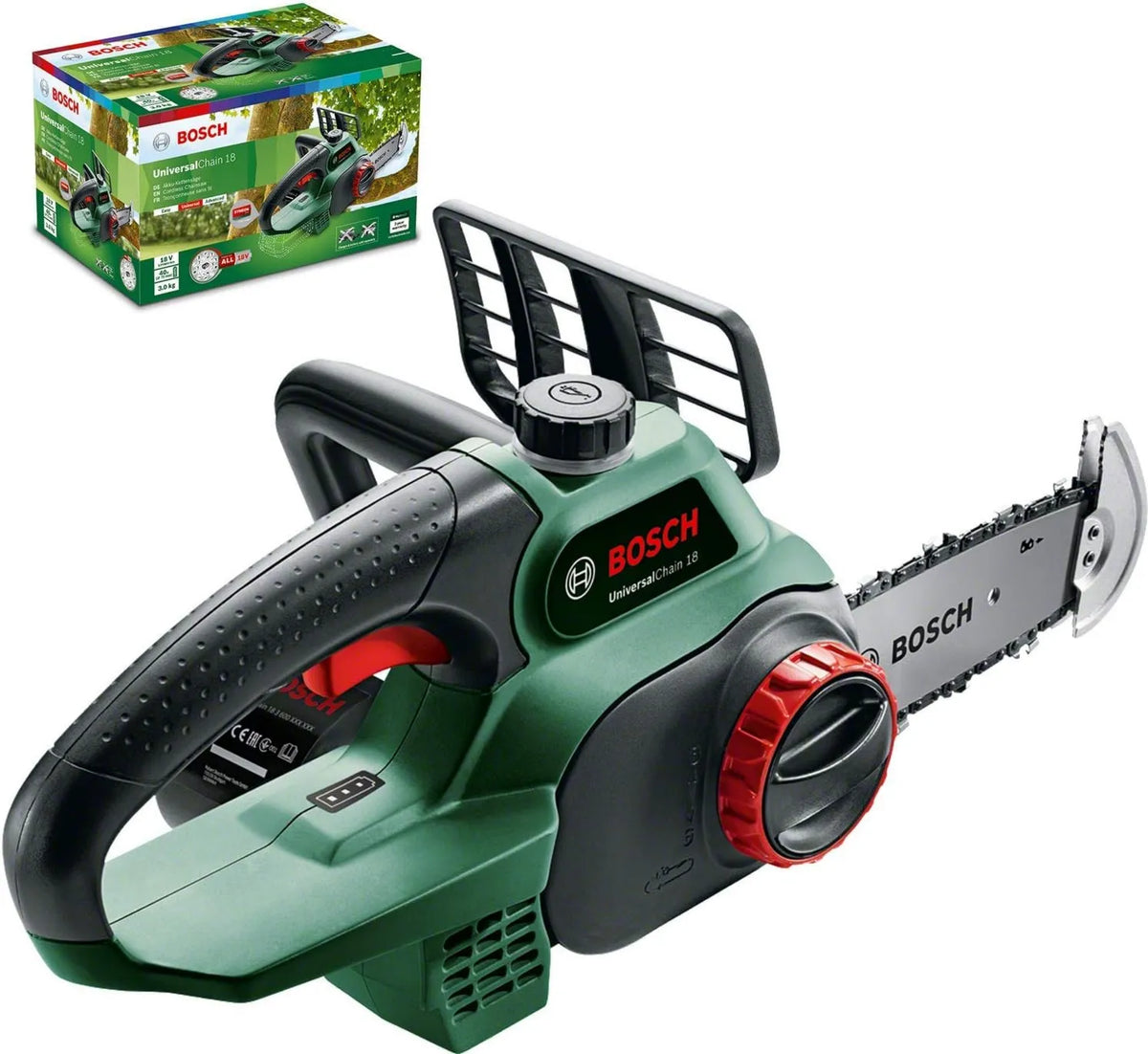 Bosch motosierra, 18 V, 200 mm, sierra de cadena a batería UniversalChain 18, caja de cartón, longitud de la espada