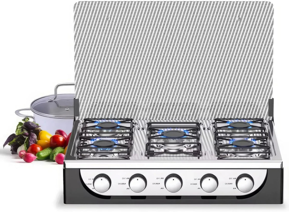 Placa de gas, 5 Quemadores, acero inoxidable, ajuste regulable, Estufa De Gas Portátil, Estufa De Gas Campig con Tapa, Cocina De Gas De Mesa