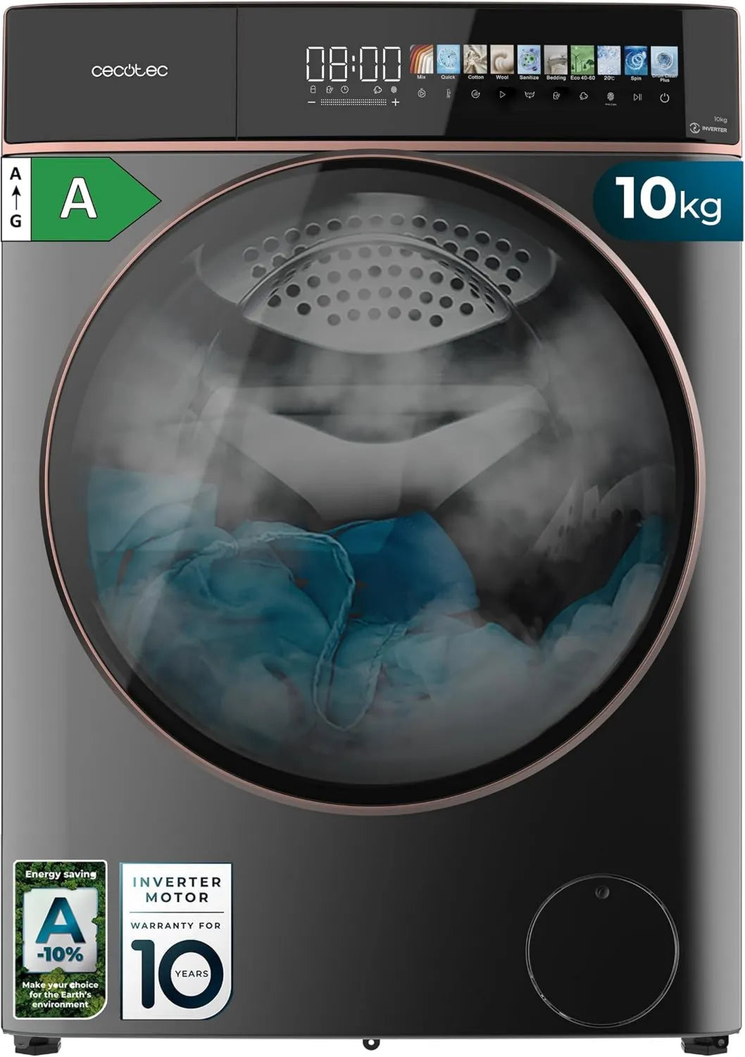Cecotec 10900 lavadora, motor Inverter, funcionamiento eficiente, función de vapor, 10 Kg, 1400RPM, 11 Programas, Carga Frontal, Bajo Consumo, Plus