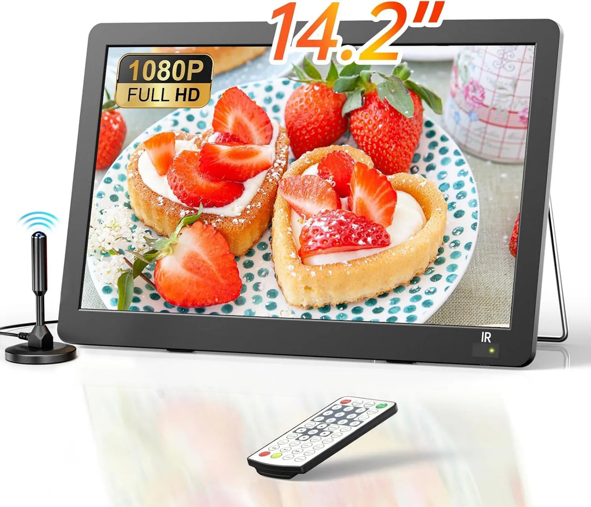 Smart TV 1080P DVB-T2, 14,2 Pulgadas, Recargable TV pequeña con Antena y sintonizador, al Aire Libre con Soporte de Entrada HDMI/USB/AV