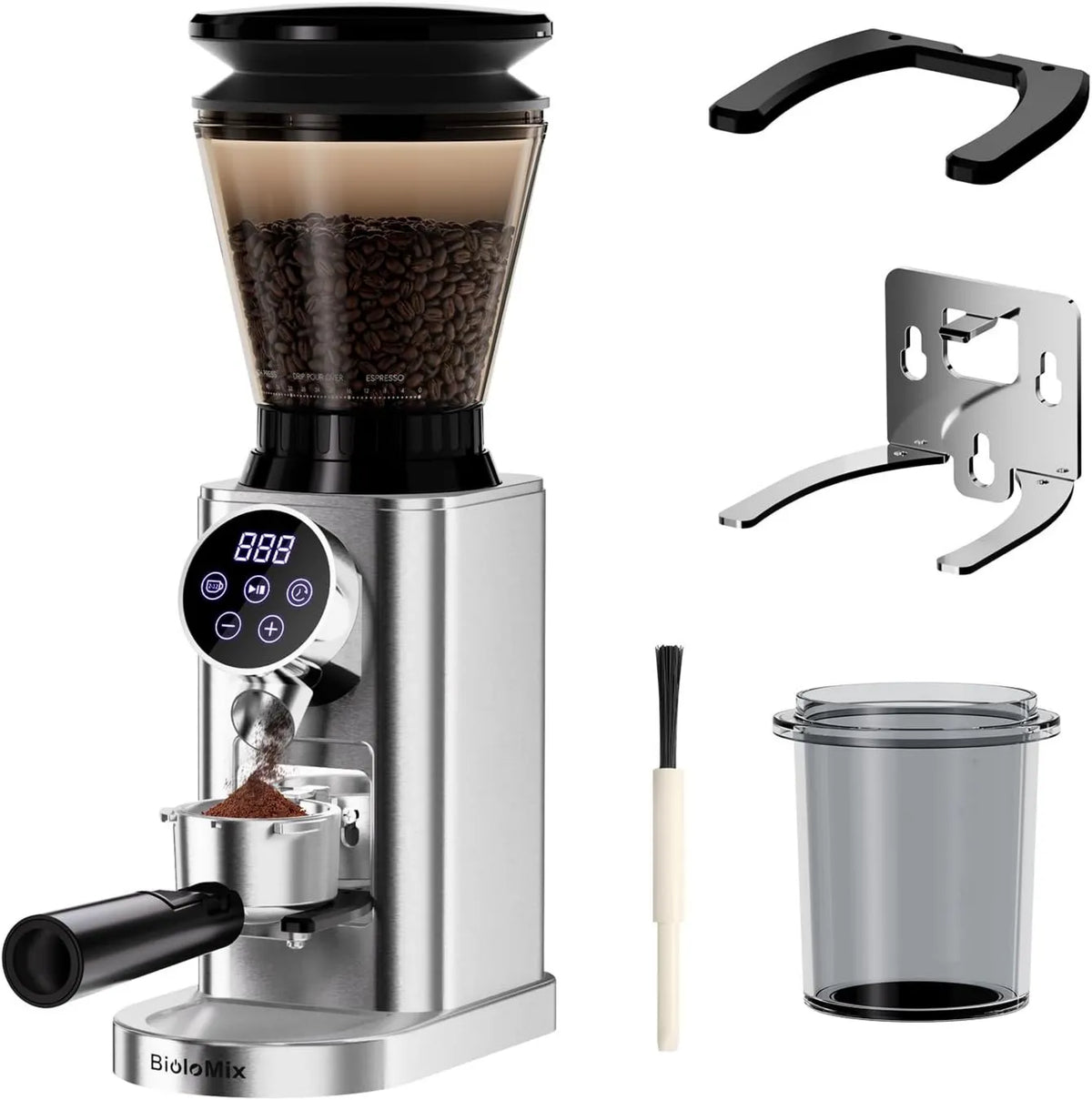 Cafetera espresso CG210-1-EU, 58mm, 48 Niveles, 12 Tazas, Acero Inoxidable, Cónico Eléctrico, Sostenedor de Filtro 51, Antiestática Francesa