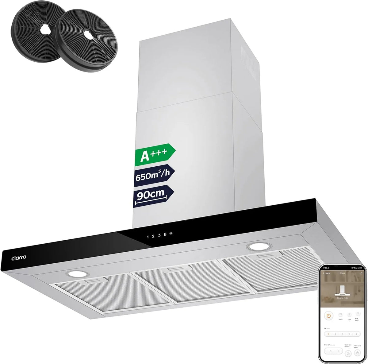 Campana extractora CBCS9102 CBCF003, 650 m³/h, 90 cm, 4 Velocidades, control WiFi