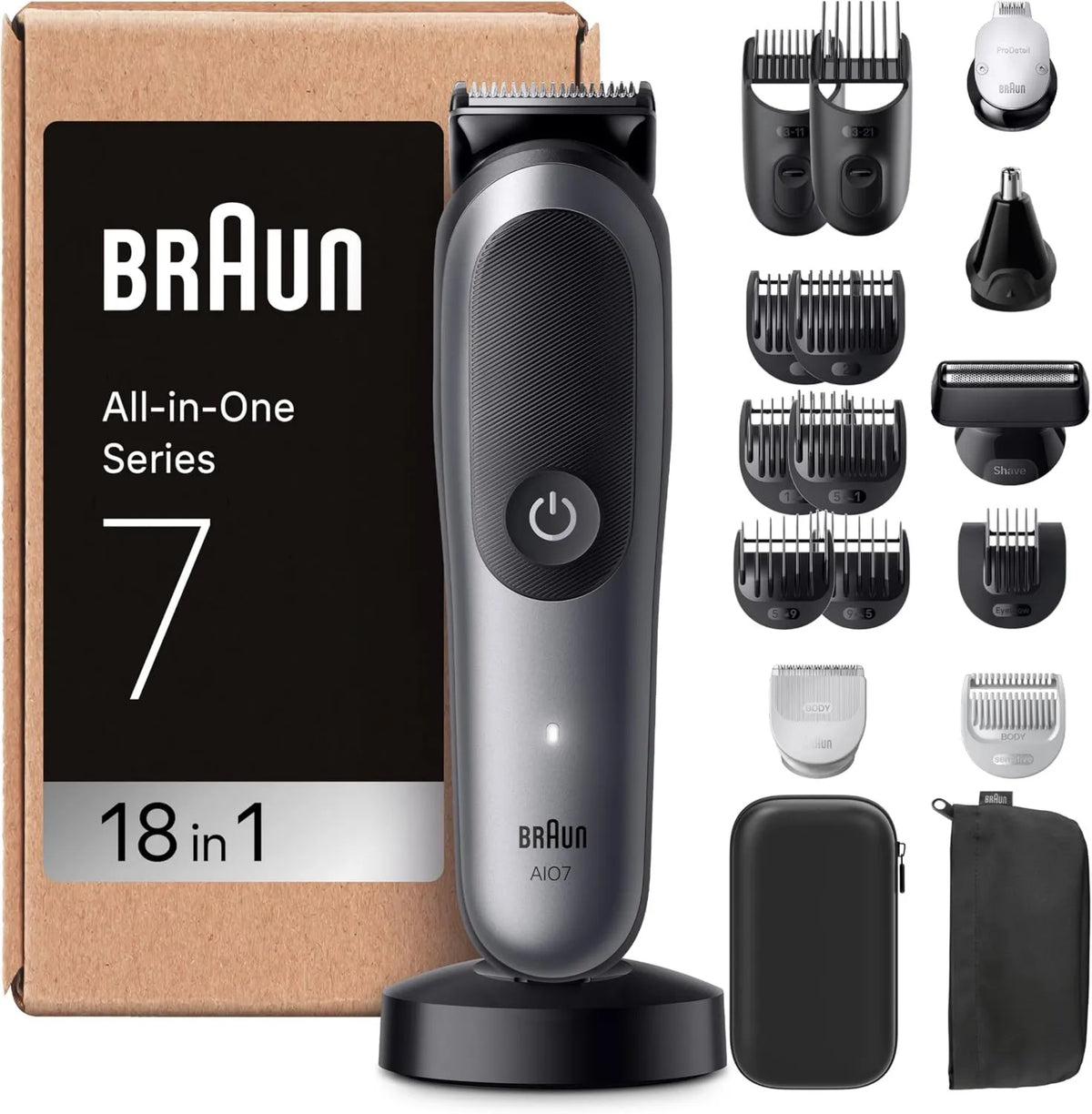 Braun AIO7585, 120 Minutos, Series 7 Recortadora Todo en Uno, Kit de Estilismo 18en1 para Barba, Nariz y Cuerpo, Autonomía