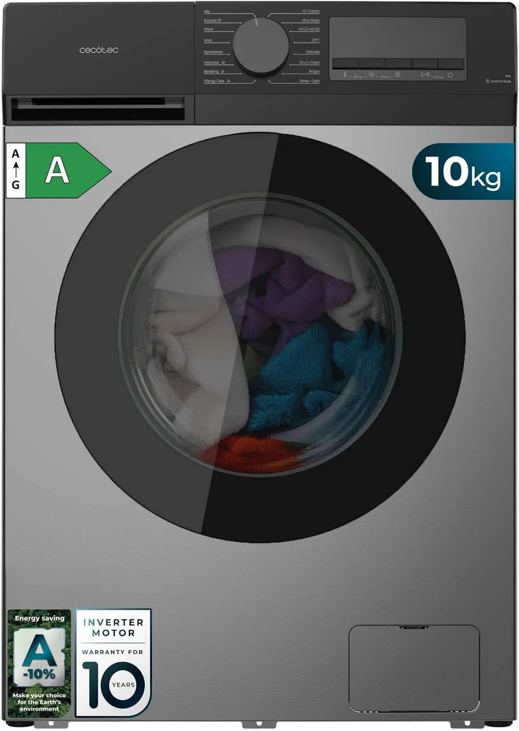 Cecotec A-10 10450 lavadora, 10 kg, 1400 rpm, 16 programas, Motor Inverter Plus, Cuidado de Alergias, Tambor Pearl, Función Silencio