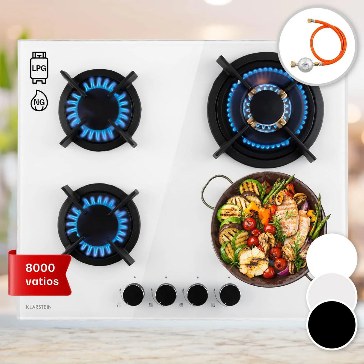 Klarstein placa de gas, 8000W, 4 Quemadores, Cocina de Gas Butano, Encimera de Gas, Placa de Cerámica Integrada para Cocina, acero inoxidable