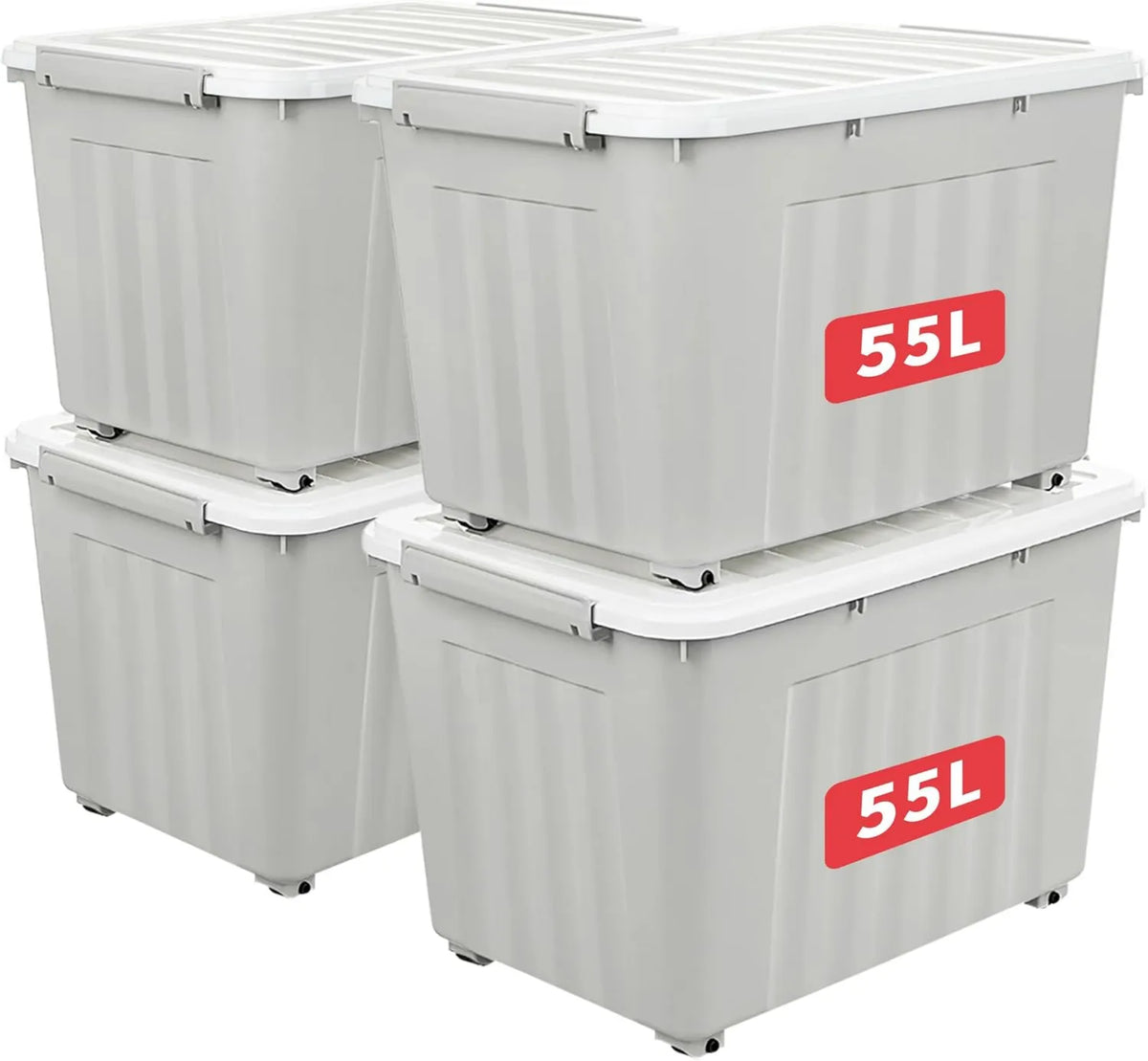 Baúl de almacenamiento, 55L, *4 Cajas de Almacenamiento con Tapas, Contenedores de Plástico con Ruedas, Organizador Rayado para Oficina en Casa