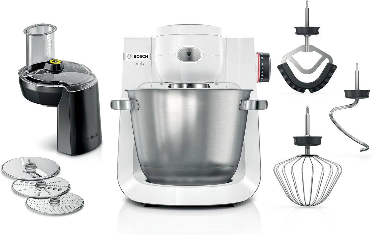 Bosch MUMS6EW13D procesador de alimentos, 5,5 L, 1600 W, 7 velocidades, Serie 6, Robot de cocina, gancho para amasar, escoba de silicona