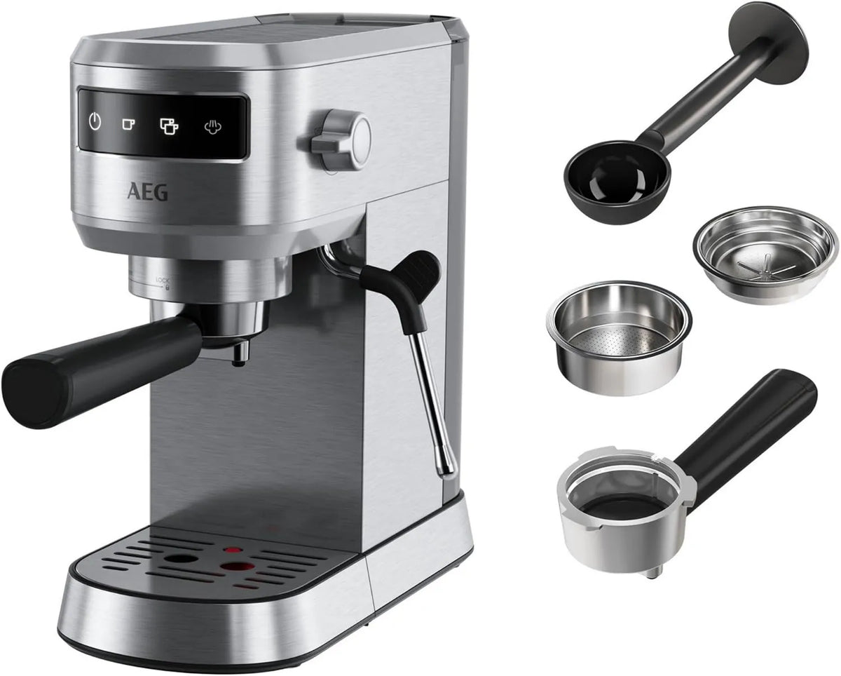 AEG EC6-1-6ST cafetera espresso, 1L, Acero Inoxidable, Compacta, Café Molido y Dosis Única, Pantalla Táctil, Espumador de Leche, Apagado Automático