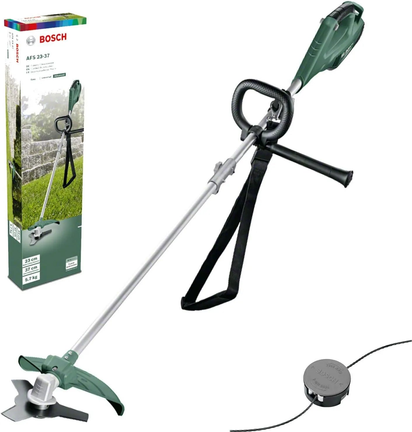 Bosch AFS 23-37 desbrozadora, Cuchilla de 3 Hojas, 3 Hilos de Corte, empuñadura Adicional, caperuza en Caja de cartón, Doble Sistema de Corte