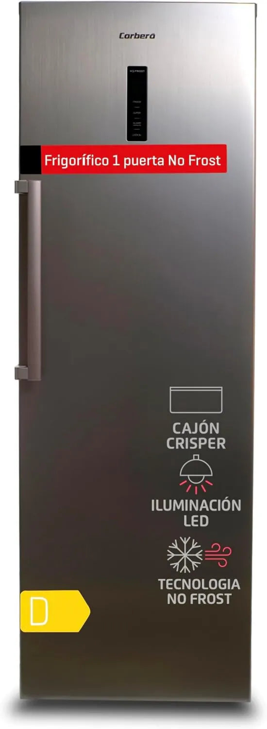 Corbero CCLH18524NFX frigorífico, 359L, 40 Db, No Frost, Pantalla en Puerta, Manija de Apertura Fácil, acero inoxidable, iluminación LED