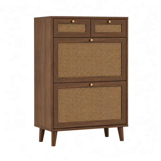 Zapatero de madera y ratán marrón 120x80x30 cm con cajones y puertas
