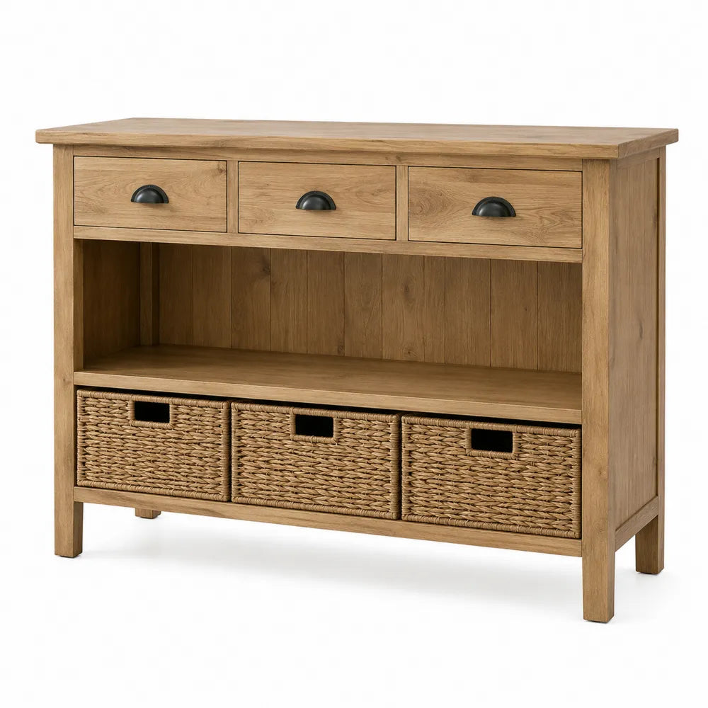 Aparador de madera con cajones y cestas de mimbre 110x35x80 cm
