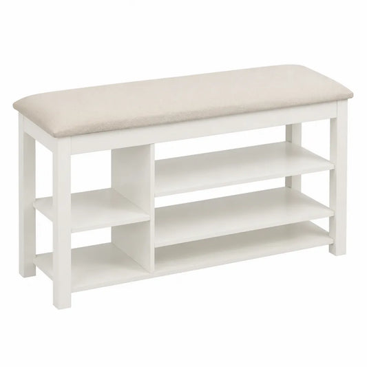 Banco de madera blanco con cojín de lino 104x30x48 cm