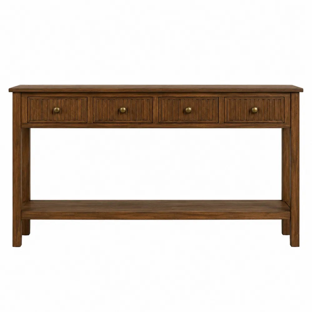 Mesa consola de madera de roble con cajones y estante marrón