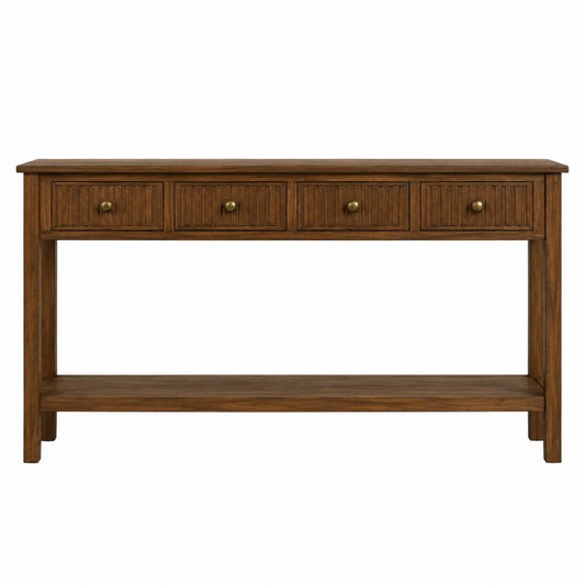 Mesa consola de madera de roble con cajones y estante marrón