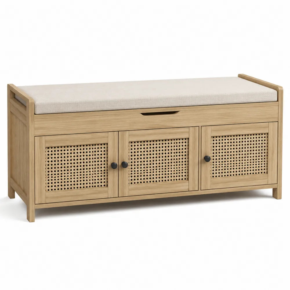 Banco de madera con cojín de lino y puertas de ratán