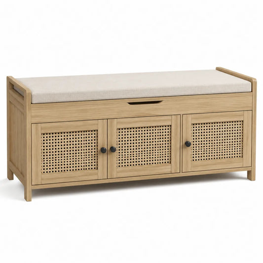 Banco de madera con cojín de lino y puertas de ratán