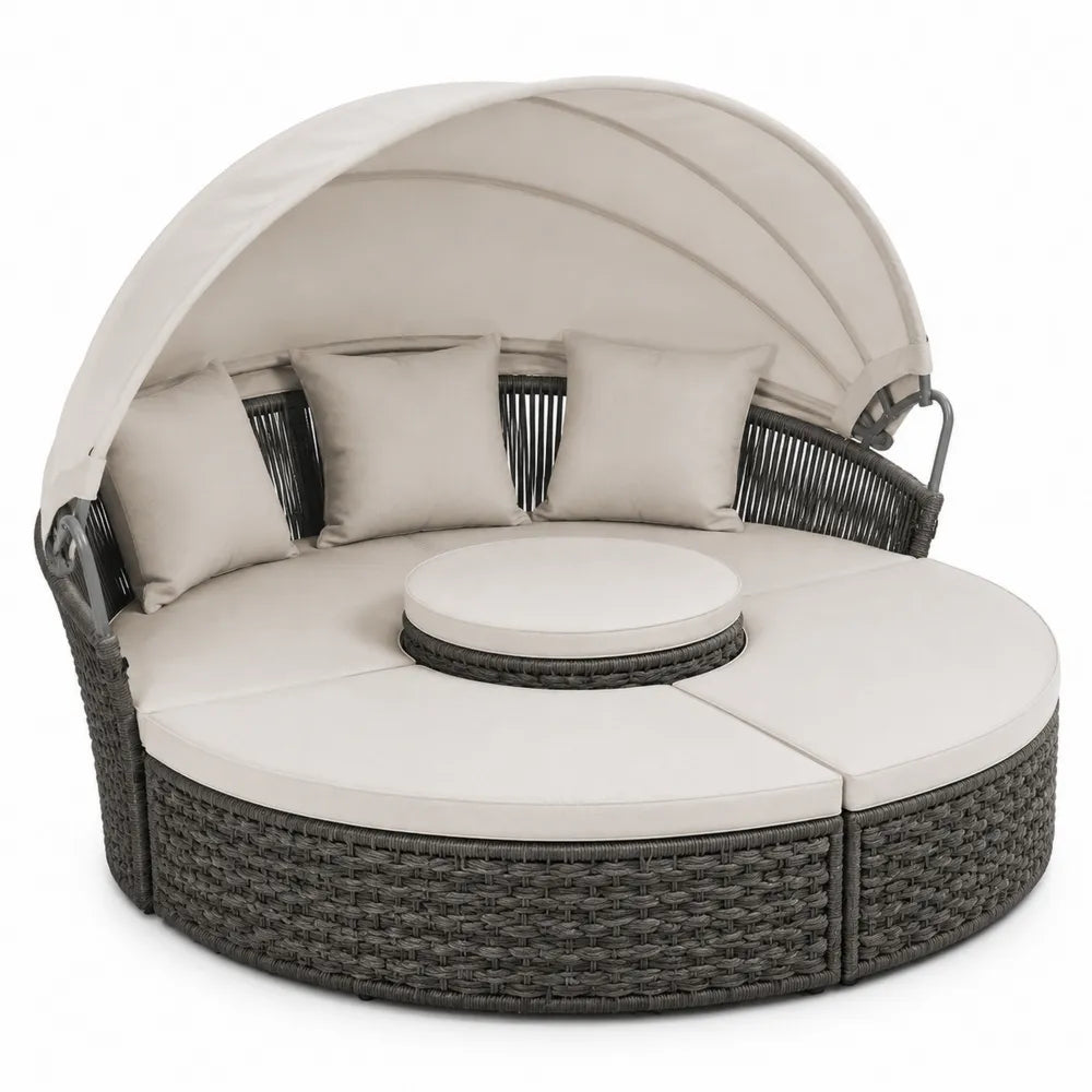 Cama redonda de ratán sintético y poliéster con dosel ajustable crema