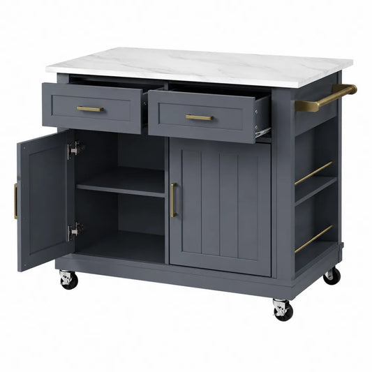 Isla de Cocina de MDF y Metal con Encimera de Imitación Mármol, Gris, 120x60x90 cm