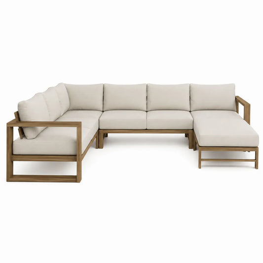 Sofá modular en L de teca con cojines beige para exterior