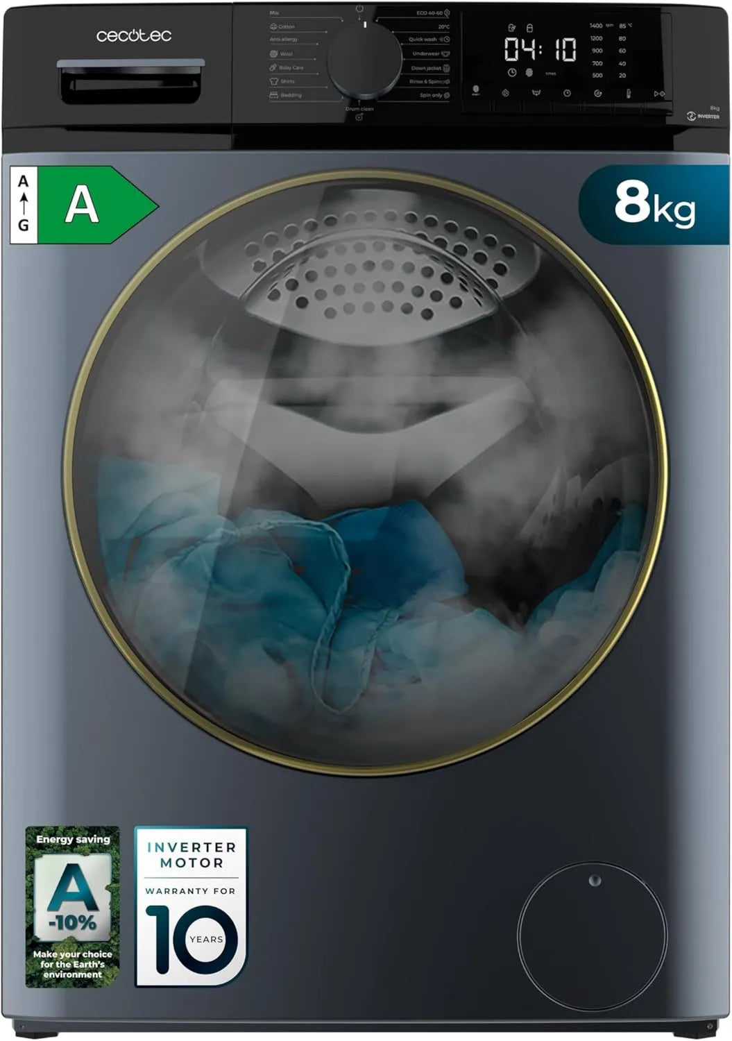 Cecotec lavadora, motor Inverter, 8Kg, 1400 RPM, 15 Programas, Carga Frontal Bolero DressCode 8610 Inverter Ice Blue A, Plus, Goma Antibacteriana