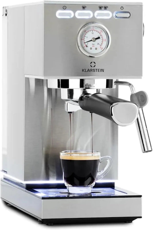 Klarstein cafetera espresso, 1350 W, 1.4 litros, Máquina de espresso Pausa, presión de 20 bares, depósito de agua, acero inoxidable