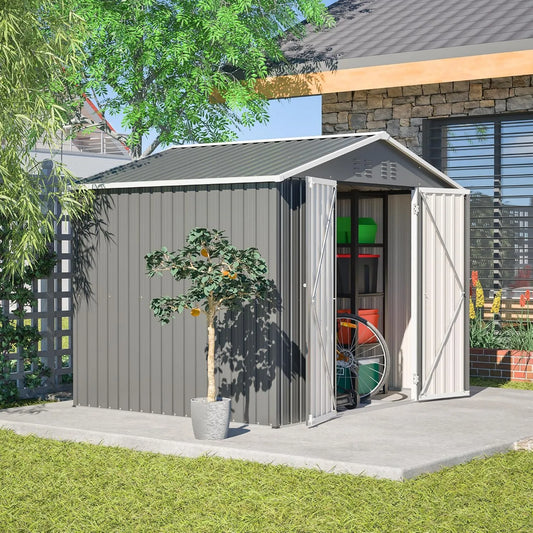 Cobertizo de jardín, 240 x 192 x 191 cm, Almacén con Techo Inclinado, Caseta de Metal con Puerta y Ventilación, Armario Exterior Terraza