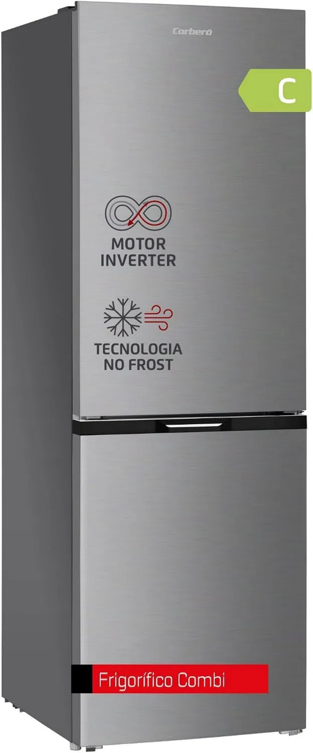 Corbero CCH18584NFX frigorífico combi, 327L, 39 Db, 67.2x60x185.5, Cajón Crisper, Balcones Ajustables, Estantes de Vidrio, Bandejas de Hielo, No Frost