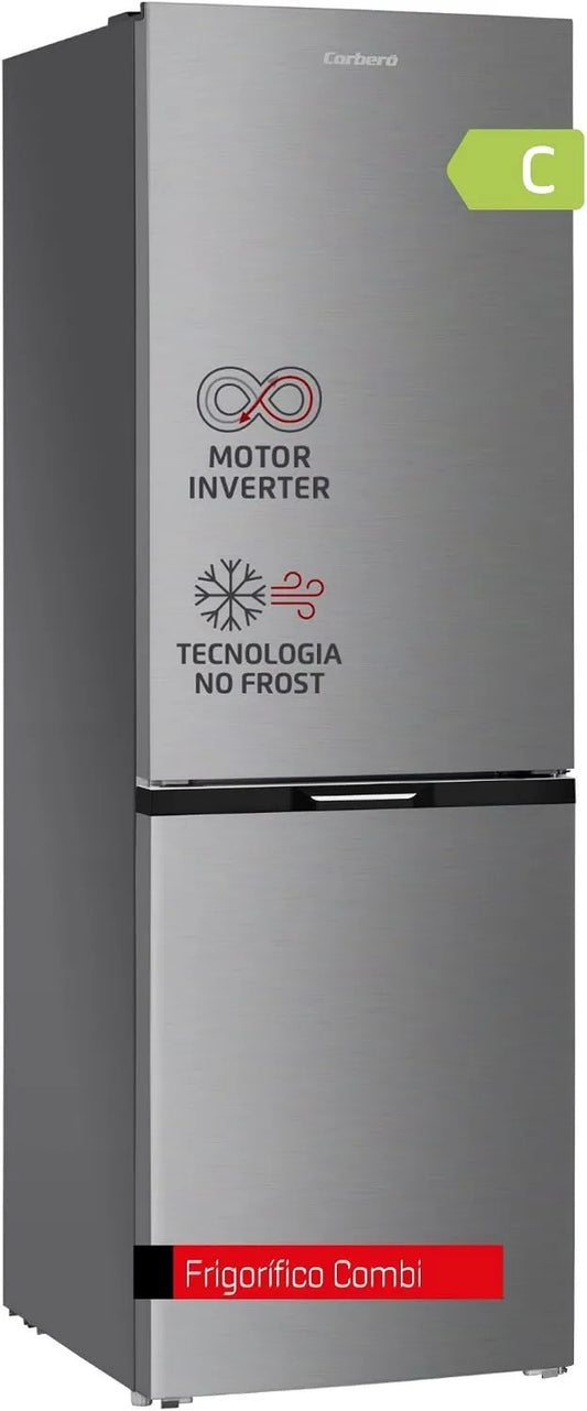 Corbero CCH18584NFX frigorífico combi, 327L, 39 Db, 67.2x60x185.5, Cajón Crisper, Balcones Ajustables, Estantes de Vidrio, Bandejas de Hielo, No Frost