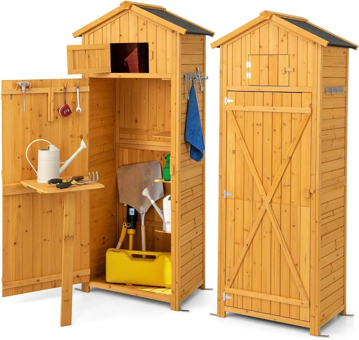 Cobertizo de jardín RELAX4LIFE, Madera con 2 Techos de Asfalto, Armario de Jardín con 8 Ganchos, diseño plegable