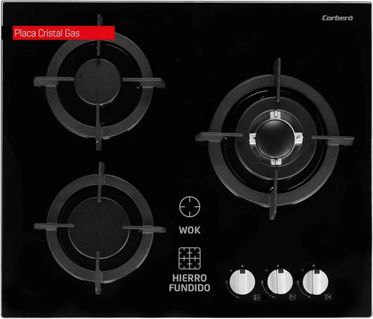 Corbero CPCGY2303N placa de gas, 7,75KW, 3 Quemadores, Butano de Cristal, Potencia, Apagado Automático, Parrilla de Hierro Fundido