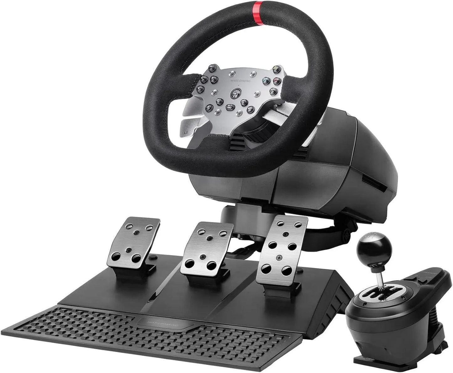 PC/PS4, MWH-RSX, Volante SimRacing con Force Feedback y Motor Dual, Set 3 Pedales con Resistencia Progresiva, Palanca Cambios en H y 12 Marchas