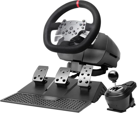 PC/PS4, MWH-RSX, Volante SimRacing con Force Feedback y Motor Dual, Set 3 Pedales con Resistencia Progresiva, Palanca Cambios en H y 12 Marchas