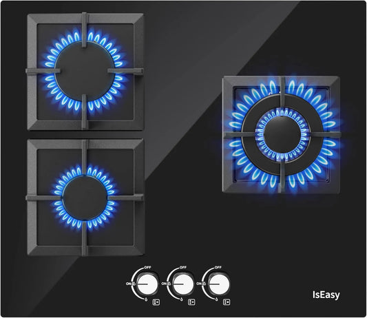 Placa de gas, compatible con gas natural y GLP, compatible con gas propano, 7750 W, 60 cm, 3 Quemadores, 3 Zonas, Montaje de Vidrio