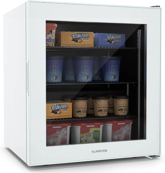 Klarstein congelador, 88L, IceAge 88 Pequeño, Temperatura Ajustable 0 a -18°C, Puerta de Vidrio, Eficiencia Energética E, Vertical Compacto