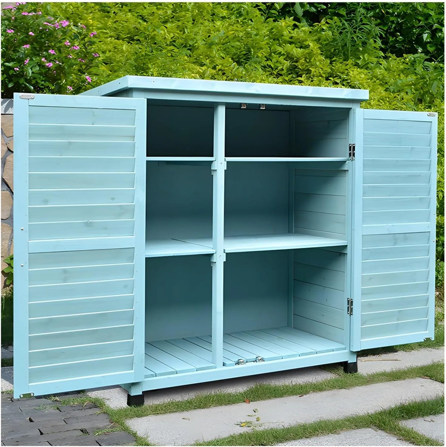 Armario de almacenamiento, Exterior de Madera con Techo de Asfalto, Cobertizo para Herramientas de Jardín para Patio, Doble Puerta Azul