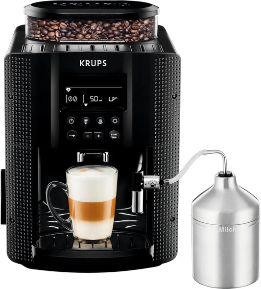 Krups EA8160 cafetera, 1.7 L, 3 Niveles, Essential, Superautomática, Depósito de Agua, Temperatura, 3 Texturas de Molienda, Pantalla LCD Intuitiva