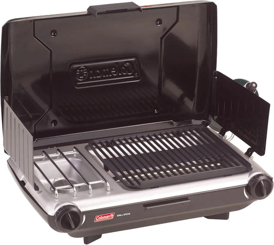 Coleman Parrilla/estufa de gas propano 2 en 1 para camping, 2 quemadores, compatible con gas propano