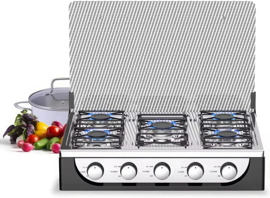 Placa de gas, 5 Quemadores, acero inoxidable, ajuste regulable, Estufa De Gas Portátil, Estufa De Gas Campig con Tapa, Cocina De Gas De Mesa