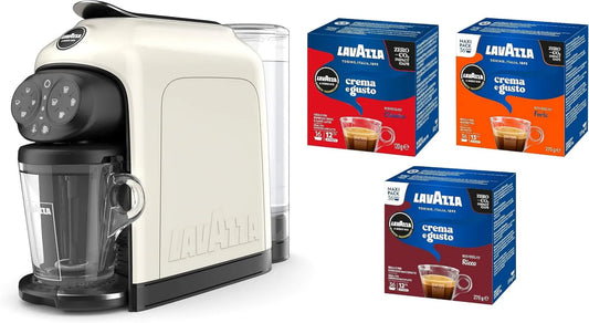 Cafetera, 1500 W, 240 V, 60 Hz, 1.1 Litros, Lavazza, A Modo Mio Deséa White Cream con 88 Cápsulas de Crema y Sabor, Espresso