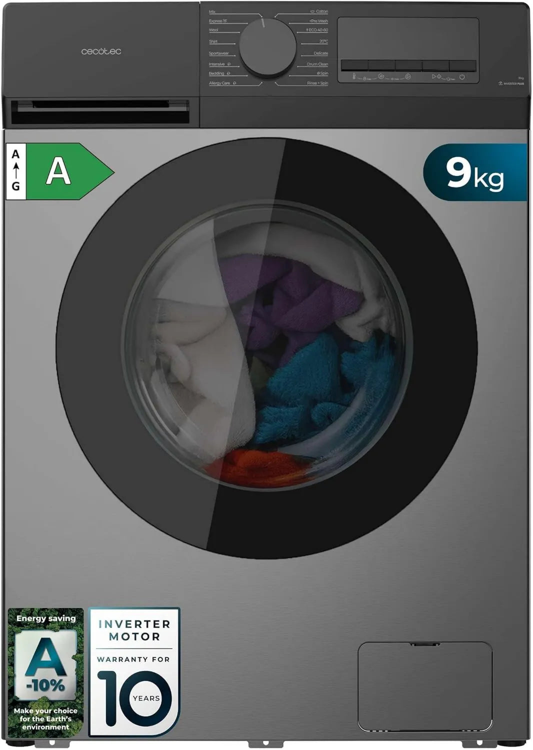 Cecotec A-10 lavadora, 9 kg, 1400 rpm, 16 programas, motor Inverter, bloqueo infantil, Plus, Allergy Care, Tambor Perla, Función Silencio, Stop&Go
