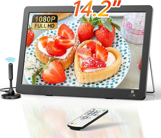 Smart TV 1080P DVB-T2, 14,2 Pulgadas, Recargable TV pequeña con Antena y sintonizador, al Aire Libre con Soporte de Entrada HDMI/USB/AV