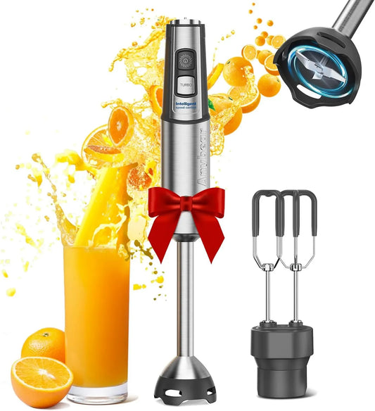 Batidora de mano, 1100 W, 15 velocidades, acero inoxidable, modo turbo, revestimiento antiarañazos, incluye accesorio