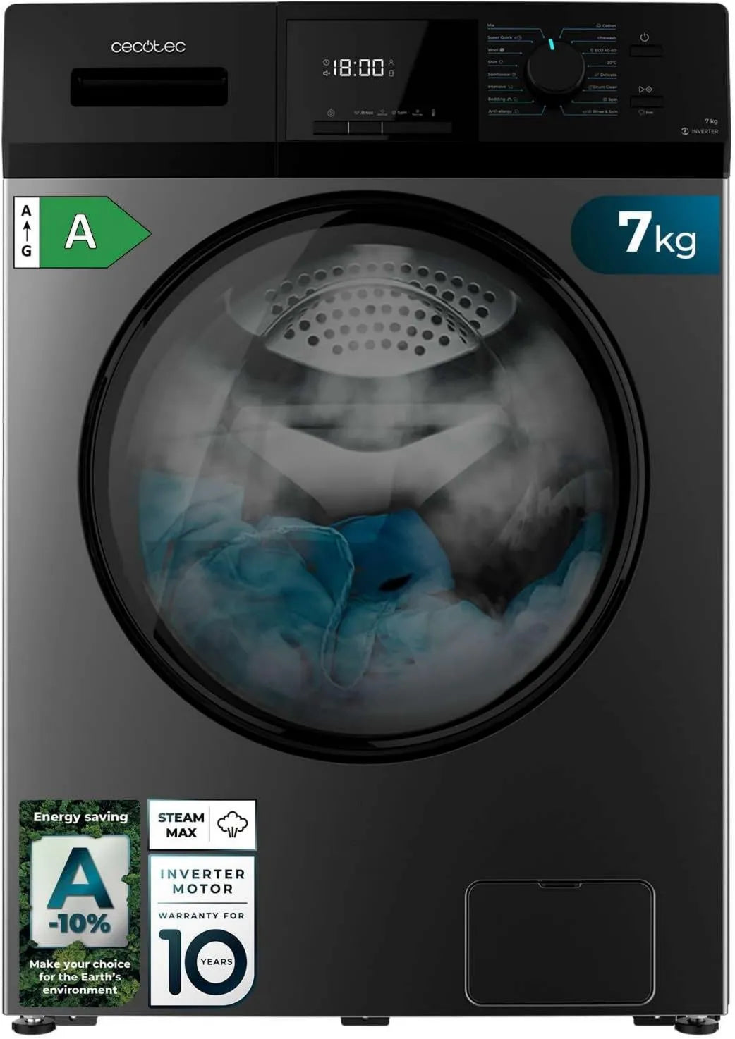 Cecotec lavadora, 7 kg, 1850W, 1200 rpm, Ajustable, Motor Inverter Plus, Bajo Consumo, Esterilización de Ropa, funcionamiento eficiente, 16 Programas